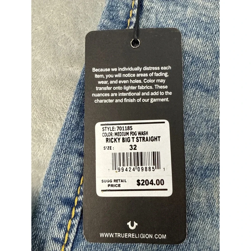 True Religion Jeans Mens 32x34 Ricky Blue Straight Leg Signature Stitch NEW